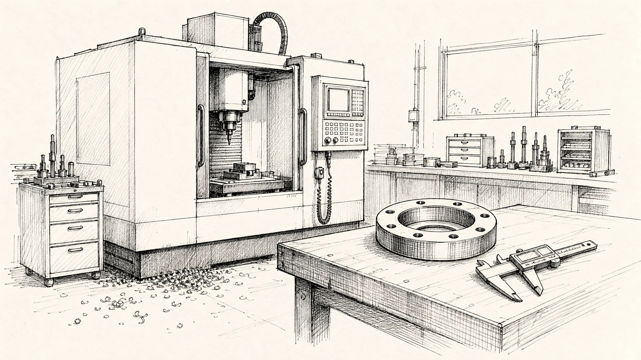 Ink drawing of a machining workshop: machining center, flange and caliper on a bench